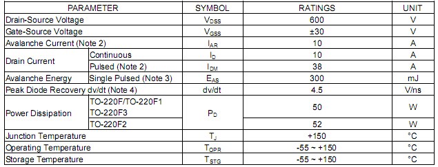 UTC MOS管 10N60K极限参数