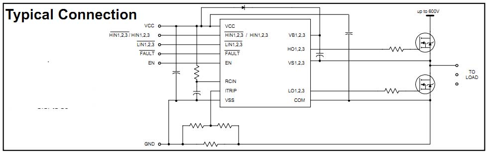 3相半桥驱动芯片 型号:IR2136 一、概述 IR2136是一款具有三相独立输出的高压、高速功率MOSFET和IGBT高低侧驱动芯片,其浮地通道能工作在600V的高压下,可用于驱动2个N型功率MOSFET或IGBT结构,该芯片逻辑输入电平兼容低至3.3V的CMOS或LSTTL逻辑输出电平,该芯片可以通过外部电流感应电阻传送信号对6个输出进行关断,实现过流保护功能,使能端可以同时关断6个输出通道。FAULT端信号用于提示过流或者欠压情况的发生,过流信号的自动清除时间可以通过外部可编程的RC延时网络提供。输